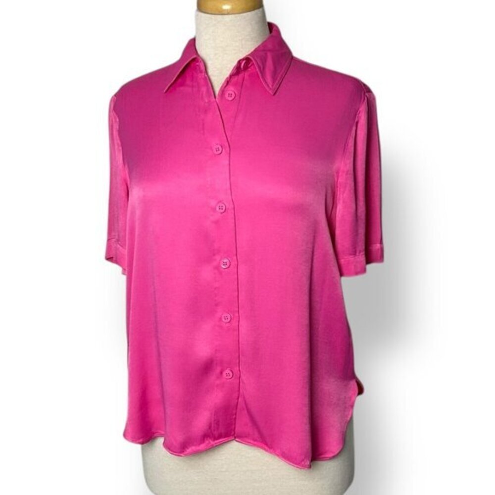 Zara Bright Pink Short Sleeve Button Up Blouse Sz Small